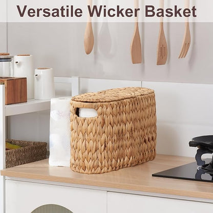 FairyHaus Wicker Toilet Paper Storage Basket with Lid & Handles, 6 Rolls Handwoven Toilet Paper Holder with Storage, Natural Water Hyacinth Toilet Paper Holder Stand Basket for Bathroom