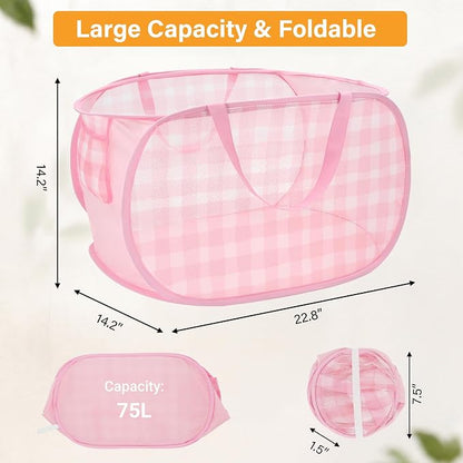 Sturdy Collapsible Laundry Baskets - Pop Up Laundry Hampers with Handy Pocket, Foldable Clothes Hamper with Reinforced Carry Handles for Bathroom, Kids Room, Dorm or Travel - Check Print, Pink