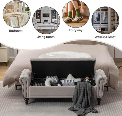 58.1" Storage Bench Upholstered Linen End of Bedroom Bed Bench Ottoman with Tufted Cushioned Rolled Arm Large Storage Space for Reading Living Room Entryway, Light Brown