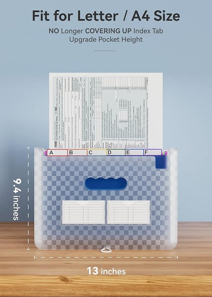 ABC life 26 Pockets Accordion File Organizer, Expanding File Folder, Portable Monthly Paper Bill Tax Receipt Organizer, Letter A4 Size Document Organizer with Labels - Blue