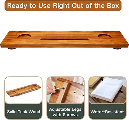 Teak Bathtub Tray for Tub, 40" Solid Teak Wood Bath Caddy Tray with Tablet & Wine Glass Holder, Water-Resistant Bath Tub Tray Wood for Spa Bathroom Accessories
