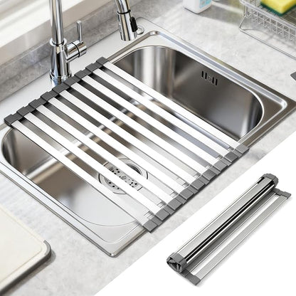 19" X 13" Roll Up Dish Drying Rack，Over The Sink Drying Rack 304 Stainless Steel Foldable Heat-Resistant Dishes Drainer for Kitchen and RV Sink Counter