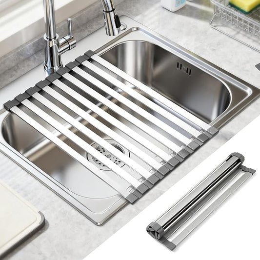 19" X 13" Roll Up Dish Drying Rack，Over The Sink Drying Rack 304 Stainless Steel Foldable Heat-Resistant Dishes Drainer for Kitchen and RV Sink Counter