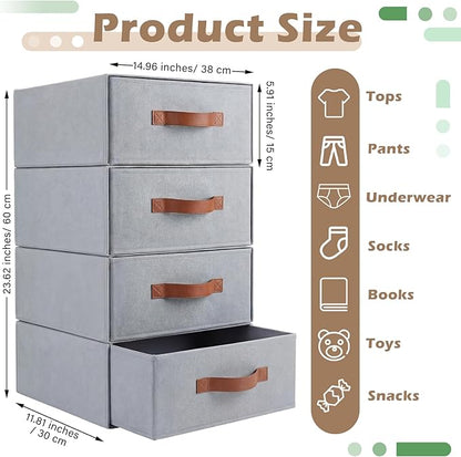 Windyun 4 in 1 Stackable Storage Drawers Closet Organizer with Dividers for Socks Underwear Bras Scarves Ties Large Dresser Organizer Bins Foldable Clothes Storage Boxes, 12 x 15 x 6 Inch(Gray)