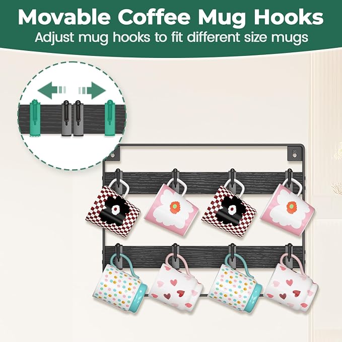 EsLuker.ly Mug Holder Hanger Rack Wall Mounted Wooden 2 Pack Coffee Cup Storage Organizer Display Shelf with 16 Movable Plastic Hooks, Ideal for Mug Collectors, Black