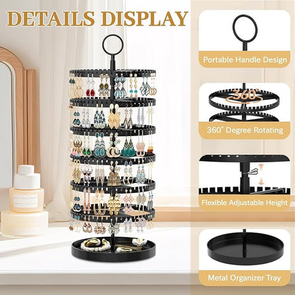 MODOWEY 6 Tier Rotating Earring Holder Organizer Display Tree with Metal Tray, Adjustable Plastic Stand with 342 Slots for Stud Hoop Hanger, Large Capacity Storage Rack for Women Space Saving, Black