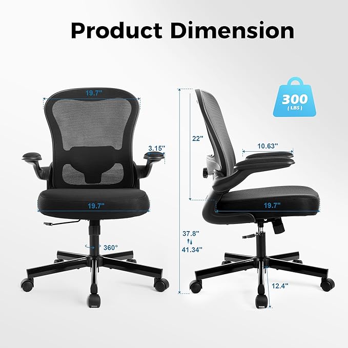 MAISON ARTS Office Chair, Ergonomic Desk Chair with Height Adjustable Lumbar Support, Mesh Design, Flip-up Armrests, Rocking Backrest, Executive Rolling Swivel Comfortable Task Chair for Home Office