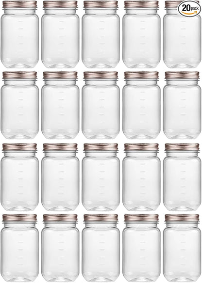novelinks 16 oz Clear Plastic Jars with Lids, Refillable 16oz Mason Jars with Lids & Storage Containers for Kitchen & Household Use (20 Pack,Rose Gold)