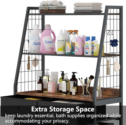 Laundry Hamper Laundry Basket with 3 Section Pull-Out Rolling Bags & 2-Tier Storage Shelf, Laundry Sorter for Organization and Storage with 2 Drawers for Laundry Room, Bathroom