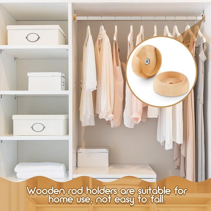 Yookeer 4 Pack Wooden Closet Pole Sockets 1-3/8" Closet Rod Holders Pole Holders for Wardrobe Hallway Bathroom Curtain Clothing Store(Wood Color)