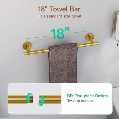 USHOWER Brushed Gold Bathroom Accessories Set, 18-Inch Towel Bar Set Wall Mounted, Durable SUS304 Stainless Steel Bathroom Hardware Set, 4-Piece
