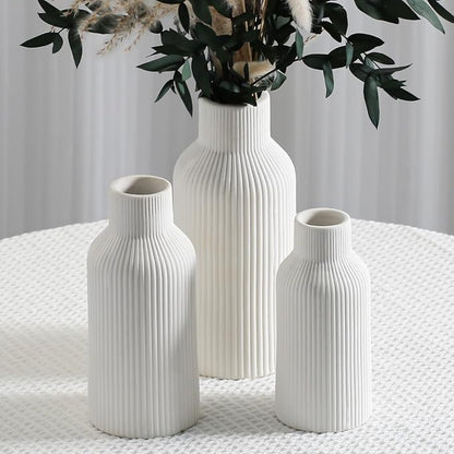 Bohemian White Ceramic Vase - for Pampas Grass, Mantel, Bookshelf, Entryway and Living Room Decor (White, Set of 3)