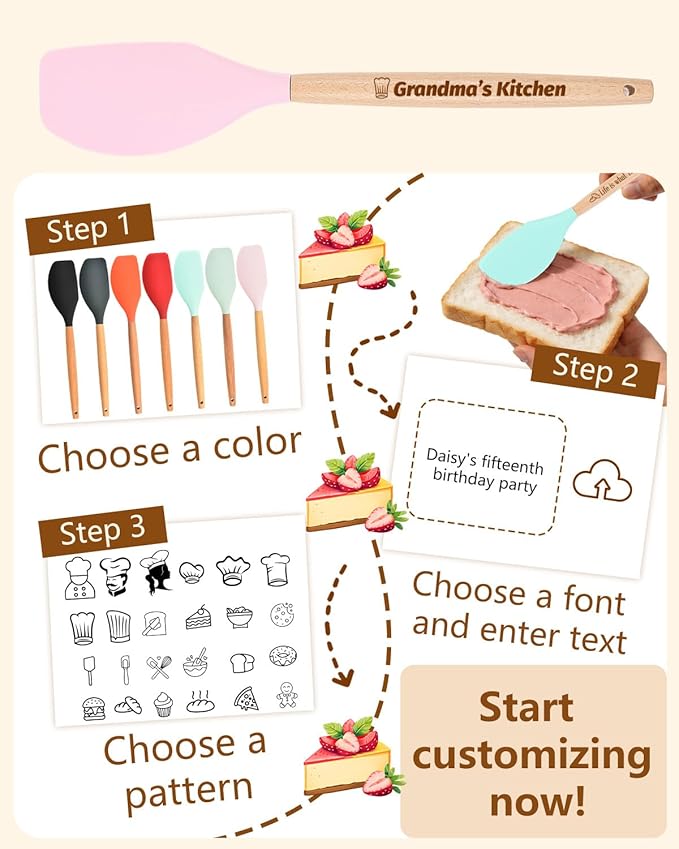 1Pcs Silicone Spatula for Cooking Baking, Personalized kitchen Utensils with Wooden Handle, Non-Stick Heat Resistant Scraper (CUSTOM Name Pattern), Baking Mixing Rubber Tool