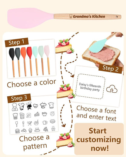1Pcs Silicone Spatula for Cooking Baking, Personalized kitchen Utensils with Wooden Handle, Non-Stick Heat Resistant Scraper (CUSTOM Name Pattern), Baking Mixing Rubber Tool
