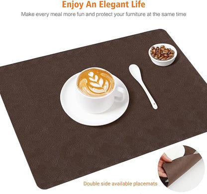Vinyl Placemats Set of 4 Heat Resistant Easy Clean Non-Slip Place Mats for Dining Table Faux Leather Waterproof Stain Resistant Wipeable Washable PVC Table Mats(4, Brown)