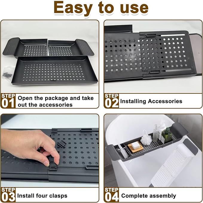 Expandable Drain Bath Shelf Caddy Tray, Multifunctional Plastic Bathtub Tray Bathroom Organizer Simple Stylish Bathtub Storage Rack for Candle Towel, Book, Wine, Phone, Shower