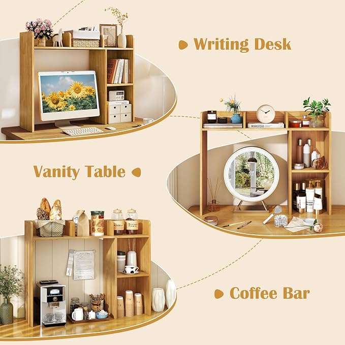 Desk Hutch, Desktop Shelf with 5 Shelves, Desk Bookshelf w/Anti-Toppling Devices, Wood Table Top Bookshelf Organizer, Small Desk Shelf for Study, Office, Dorm (Burlywood, 5 Shelves)