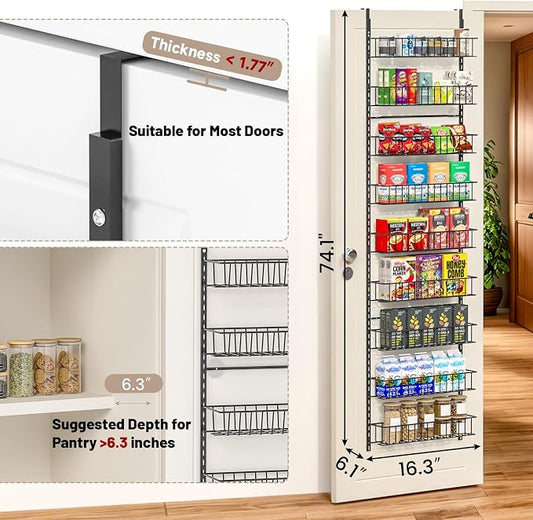 ElegantArray 9-Tier Pantry Door Oragnizer, Over The Door Pantry Organizer Rack and Storage, Hanging Spice Rack Shelves Door, Home Office Laundry Room Bathroom & Kitchen Organization, Black