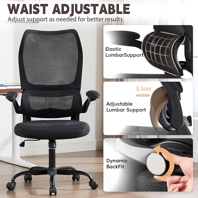 Ergonomic Office Chair, High Back Breathable Mesh Computer Desk Chair with Adjustable Lumbar Support and Flip-Up Armrests, 300LB Capacity Executive Swivel Task Gaming Seat for Home and Office (Black)