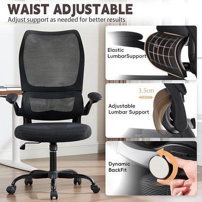 Ergonomic Office Chair, High Back Breathable Mesh Computer Desk Chair with Adjustable Lumbar Support and Flip-Up Armrests, 300LB Capacity Executive Swivel Task Gaming Seat for Home and Office (Black)