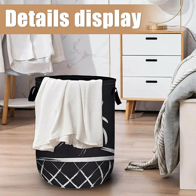 Black Basketball Laundry Basket, Foldable Sport Ball Theme Laundry Hamper Tote Bag Dirty Clothes Storage Bucket Toy Organizer for Bathroom/Laundry/Bedroom 15.7"x19.6"