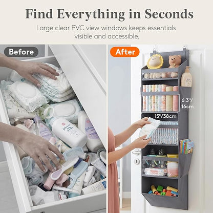 Lifewit 1 Pack Over the Door Organizer, 5 Section Clear Window Hanging Storage with 4 Side Pockets, Sturdy Anti Tilt 40 lbs Load Behind Door for Closet, Bedroom, Bathroom, Nursery, Dorm, Dark Gray