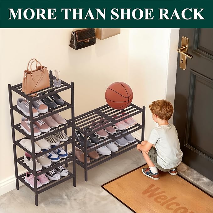 Smiry Bamboo Shoe Rack 4-Tier, Stackable Wooden Shoe Organizer for Entryway & Closet, Free Standing Wood Shoe Storage Shelf for Front Door & Small Spaces, Brown