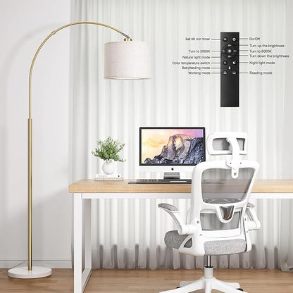 Ambimall Dimmable Arc Floor Lamp with Remote, Color Temperatures and Brightness Adjustable, Arched Floor Lamp with Rotating Head, Over Couch Arched Reading Light for Living Room (Marble Base)