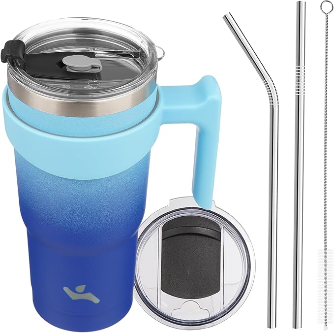 20 oz Tumbler with Handle and 2 Straw 2 Lid, Insulated Water Bottle Stainless Steel Vacuum Cup Reusable Travel Mug,Sky
