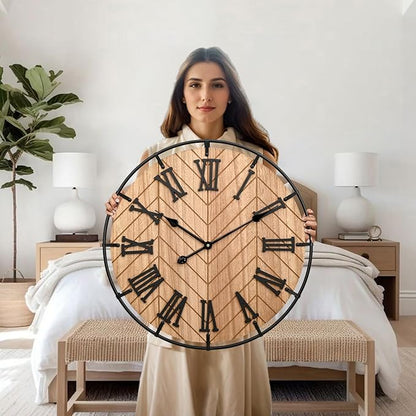 24 Inch Large Wooden Wall Clock – Extra Large FarmhouseWall Clock with 3D Roman Numerals & Herringbone Splicing, Brown Modern Wood Wall Clock for Living Room