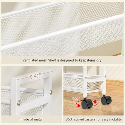 ThreeHio 6 Tier Slim Storage Cart, Narrow Cart with Wheels, Metal Mobile Shelving Unit Organizer for Bathroom, Kitchen, Laundry Room, Living Room & Narrow Spaces, White, 6in(W)