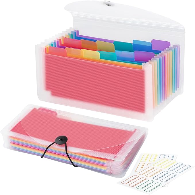 13 Pocket A6 Receipt Organizer, 2 Pack Small Accordion File Organizer, Coupon Organizer with Labels - Clear