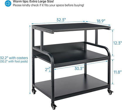 Fannova 32.3" x 18.9" Extra Large Printer Stand Table with Adjustable Storage Shelf, 3 Tier Rolling Printer Cart with Industrial Wheels for Home Office, Black