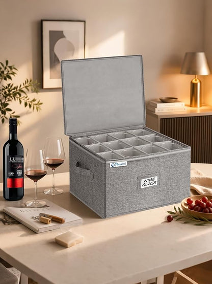punemi Wine Glass Storage Box, Glassware Storage Containers w/Hard Shell Side Bottom Support & Padded Dividers, Stackable Stemware Storage Case for 24 China Crystal Glasses Drinkware, Moving Supplies