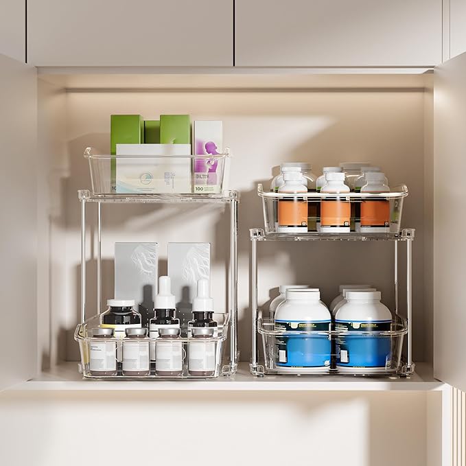 Delamu 2-Tier Under Sink Organizers and Storage, Multi-Purpose Stackable Bathroom Cabinet organizers, Pull Out Kitchen Pantry Organization and Storage with Dividers(2 Pack, Clear)