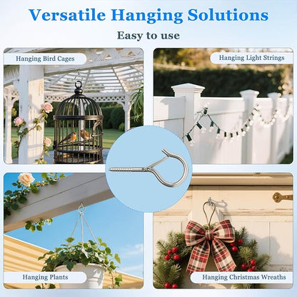 36 Pack Silver Screw Hooks with Safety Buckle - 2.3 Inch Rustproof Eye Ceiling Hooks for Hanging Plants,Outdoor String Lights,Baskets,Christmas Lights & Decor,40lb Capacity (36, Silver)