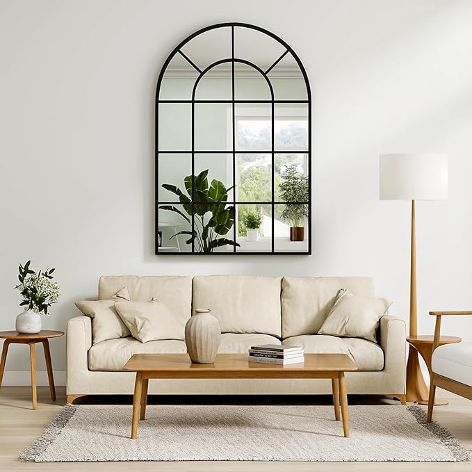 24"×36" Windowpane Arched Wall Mirror, Grid-Designed Decorative Farmehouse Wall Mounted Mirror with Metal Frame Hanging Leaning for Entryway, Living Room, Home Decor, Black