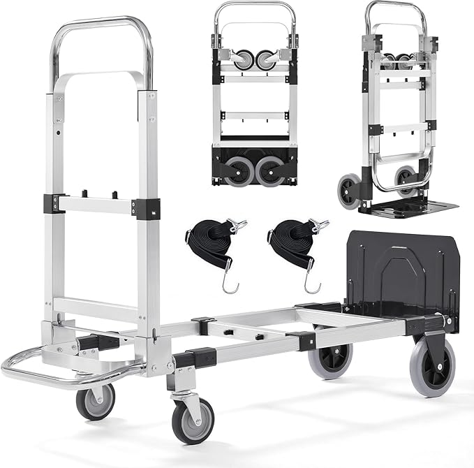 Folding Hand Truck Dolly, 500 lbs Heavy-Duty Convertible Cart, Aluminum Alloy Collapsible Design with Silent Rubber Wheels, Adjustable Handle, Flat Fold for Moving, Home, Office (Black)
