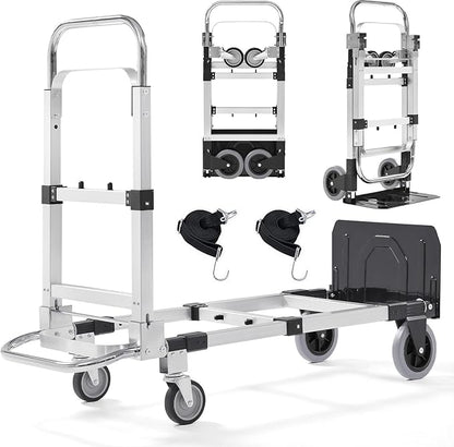Folding Hand Truck Dolly, 500 lbs Heavy-Duty Convertible Cart, Aluminum Alloy Collapsible Design with Silent Rubber Wheels, Adjustable Handle, Flat Fold for Moving, Home, Office (Black)