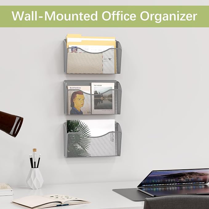 EasyPAG Wall File Organizer 3 Pack, Hanging File Organizer Wall Mount, Metal Mesh Folder Holder for Letter/A4 Papers, Mail Sorter for Office, Classroom, Home, Silver