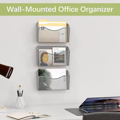 EasyPAG Wall File Organizer 3 Pack, Hanging File Organizer Wall Mount, Metal Mesh Folder Holder for Letter/A4 Papers, Mail Sorter for Office, Classroom, Home, Silver