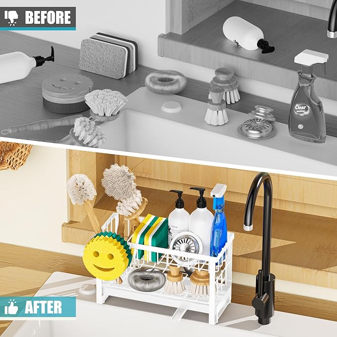 Taugast Sponge Holder for Kitchen Sink with Flexible Sponge Holder Smiley Face,2 Tier Kitchen Sink Organizer Countertop and Storage Essentials,Soap Dispenser Organize,Home Decor Accessories-White