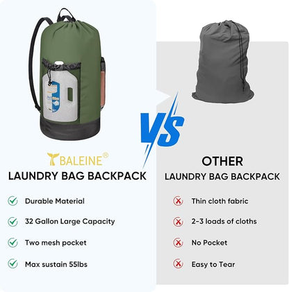 BALEINE 2PK 150L Laundry Bag Backpack, 900D Oxford Fabric Large Travel Laundry Bags with Shoulder Straps and 2 Mesh Pockets for College Dorm, Apartment, Laundromat (Green, 150L)