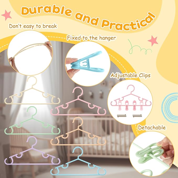 Hsei 5/10/40 Pack Baby Hangers with 10/20/80 Clips, Plastic Kids Pants Hangers for Nursery Closet Top and Bottom Clothes Hanger Set for Newborn Infant Toddler(180 Packs Total,Macaron Color,10.6 Inch)