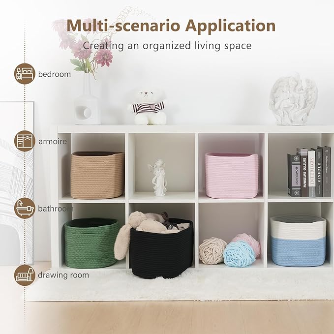 Cotton Rope Storage Basket, 15x10x9 Inches, Woven Basket for Shelves, Clothes, Towels, Books, and Laundry, White Blue (2 Pack)