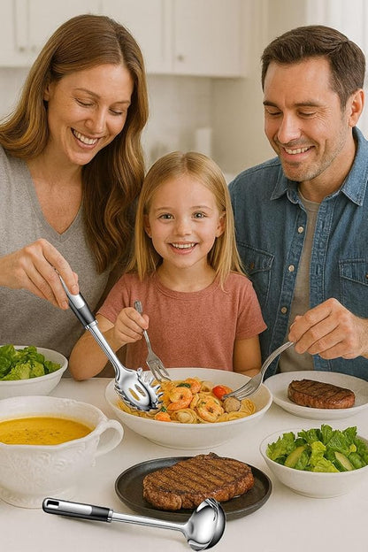 Stainless Steel Ladle and Pasta Server Set, Food-Grade Thickened Metal Soup Ladle & Spaghetti Spoon with Non-Slip Handles, Durable Cooking Utensils for Pasta, Soup & Everyday Kitchen Use