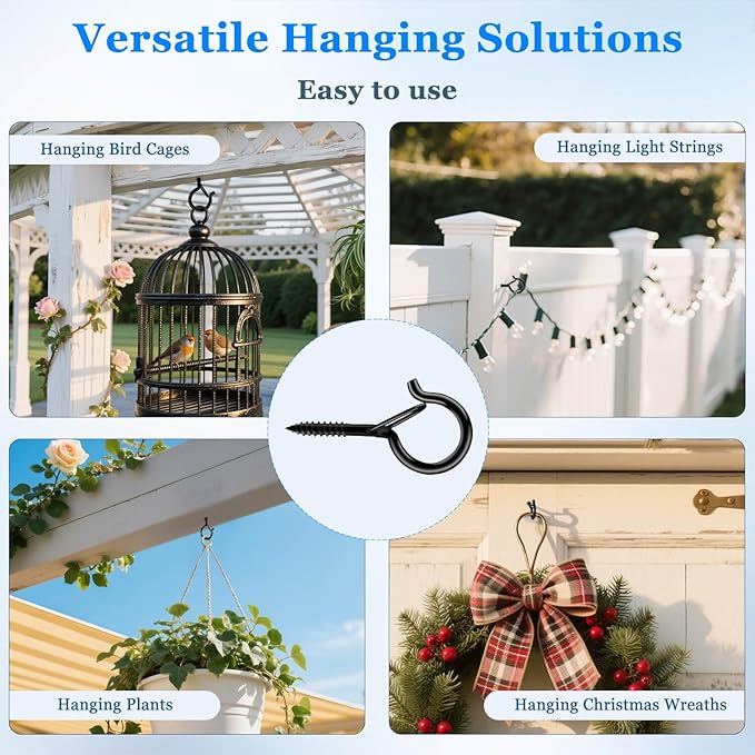 6 Pack Black Screw Hooks with Safety Buckle - 2.3 Inch Rustproof Eye Ceiling Hooks for Hanging Plants,Outdoor String Lights,Baskets,Christmas Lights & Decor,40lb Capacity (6, Black)