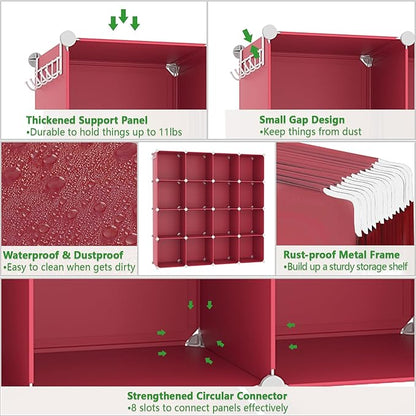 C&AHOME Cube Storage Organizer, 16-Cube Shelves Units, Plastic Storage Cubes, DIY Closet Organizer, Modular Closet Storage Shelves Ideal for Home, Bedroom, 48.4" L × 12.4" W × 48.4" H Red UPCS16R