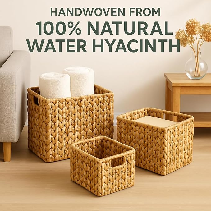 Natural Water Hyacinth Storage Baskets, 3-Piece Handwoven Nesting Organizer Set, Decorative Woven Containers for Bathroom, Kitchen, Living Room (1 Detachable Square Basket)