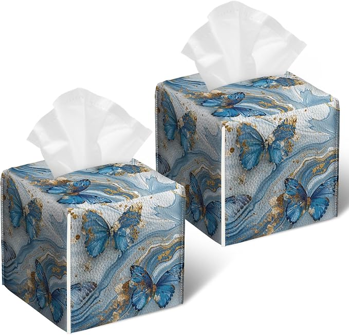 Blue Butterfly Tissue Box Cover 2PCS, Marble Leather Tissue Box Holder Square Facial Paper Case Tissue Box Cube Organizer for Bathroom Bedroom Desk Office